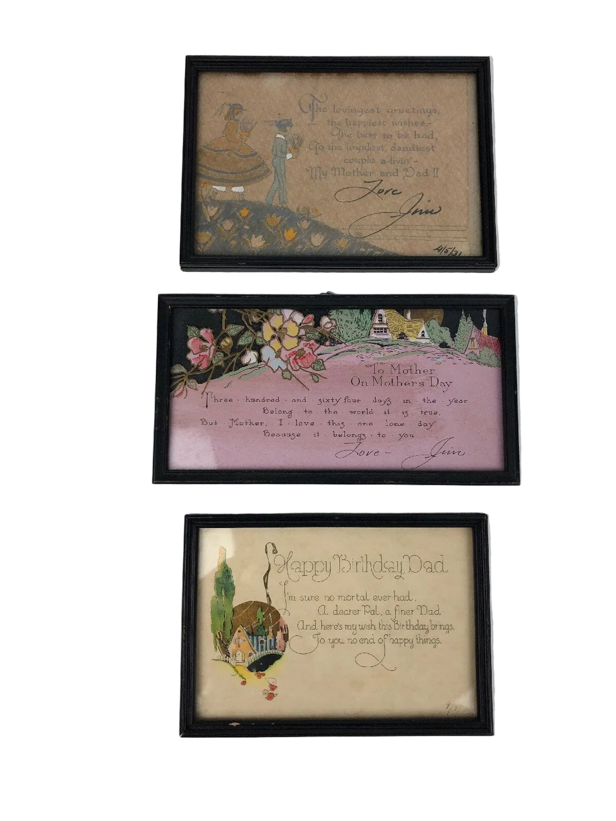 3 Vintage 1930’s American Folk Art Greeting Card Picture Framed RARE Anniversary