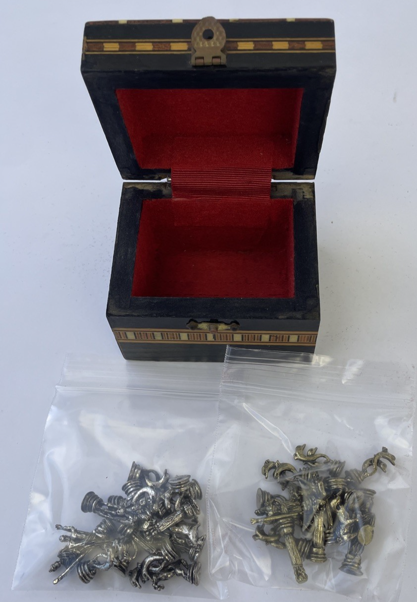 Vintage Miniature Neptune Fantasy Theme Pewter Chess Pieces Full Set Gold Silver