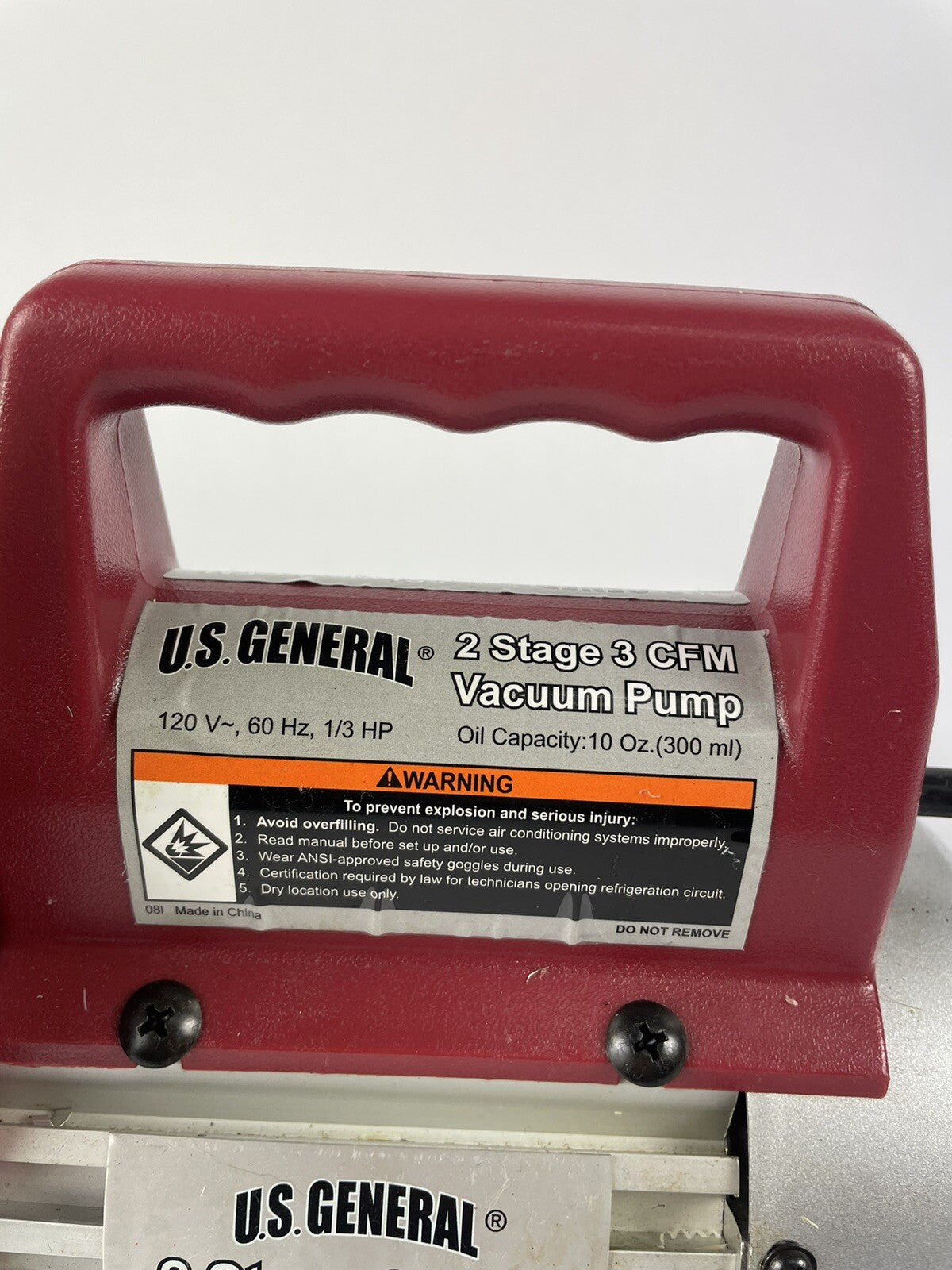 U.S. General 2 Stage 3 CFM Vacuum Pump Item No. 66466