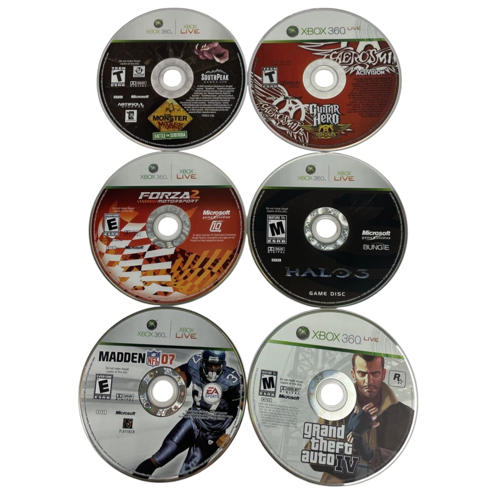 6 x XBOX 360 XBOX Live Aerosmith, HALO 3, GTA4, Madden, Forza 2, Monster Maddnes