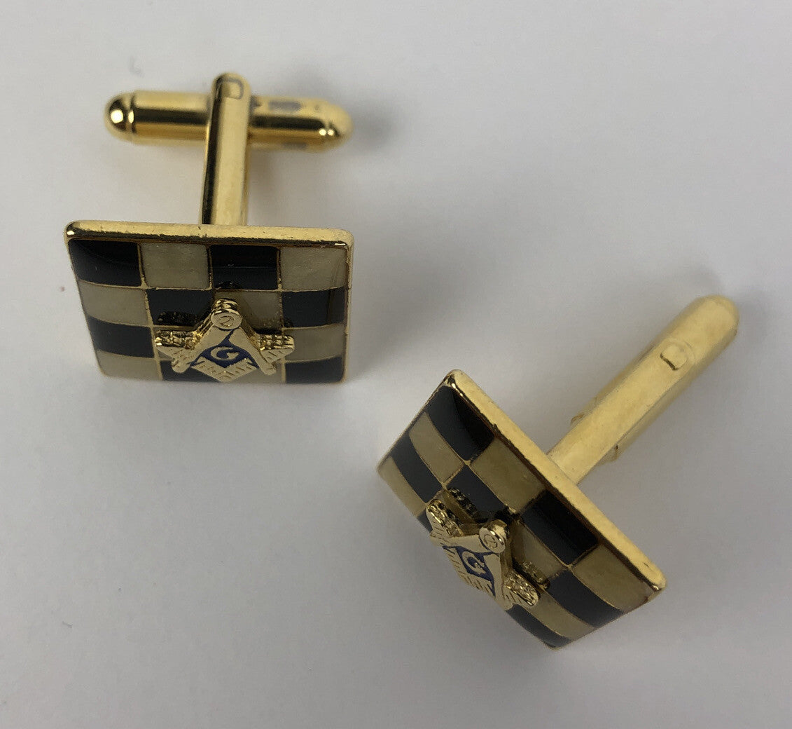 Vintage Checker Board Freemason Masonic Square & Compass Cufflinks In Gold Tone