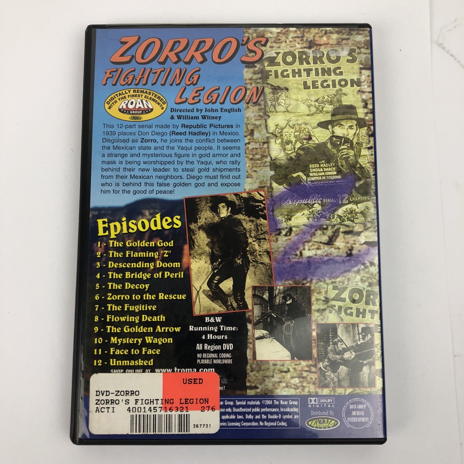 Zorros Fighting Legion DVD From Troma Horror John English, William Whitney VGC