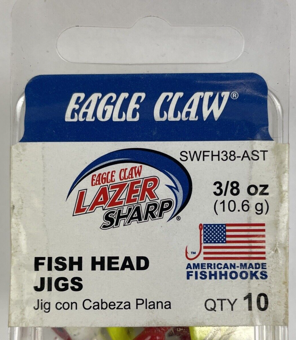 Eagle Claw 3/8 oz fish head jigs with Lazer Sharp hooks in green, red, and white 10 pack.