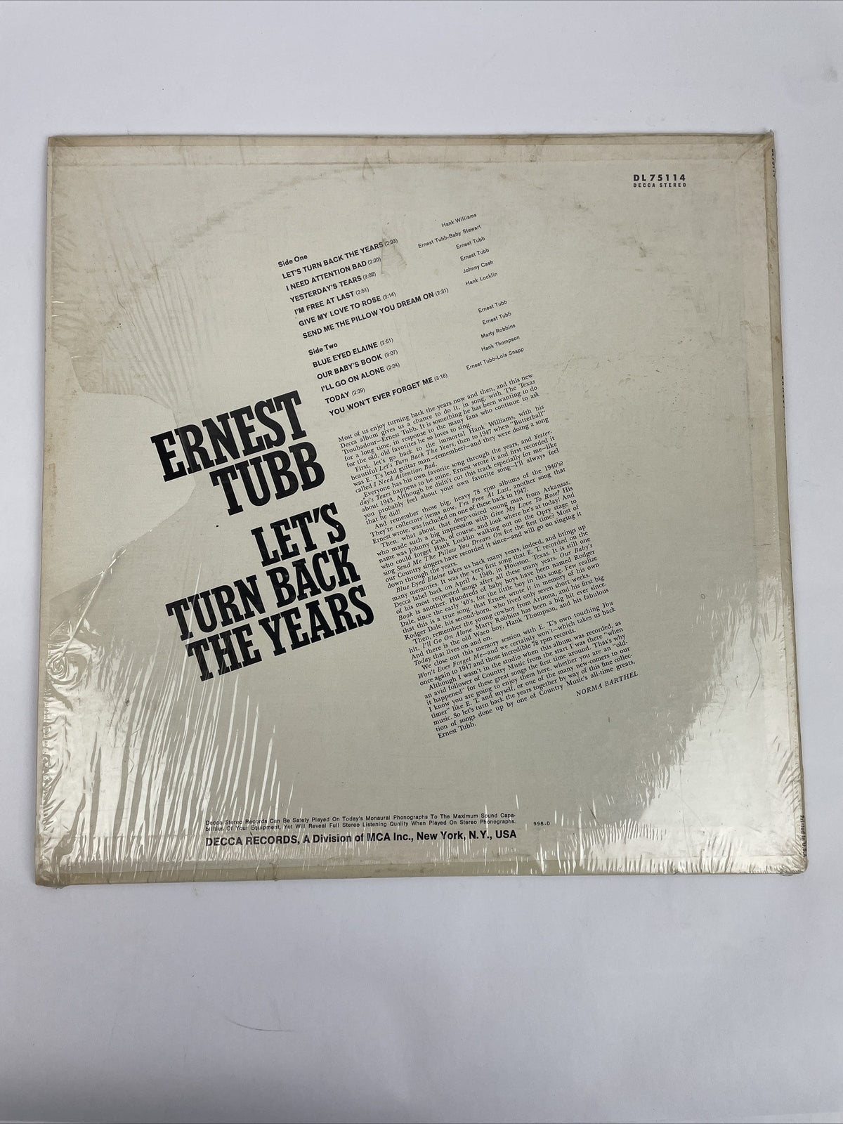 Ernest Tubb Let's Turn Back The Years LP DL75114 Decca 1969 Country Vinyl LP