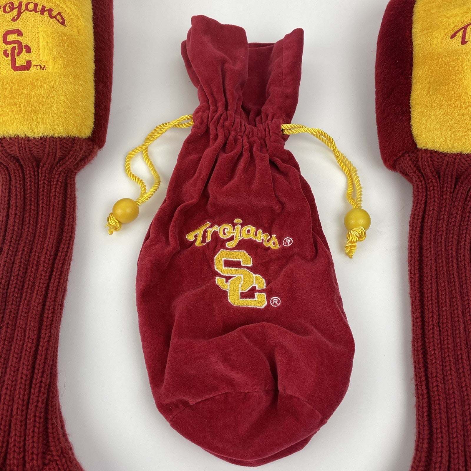 Vintage 1980s USC Trojans golf driver head covers with storage bag cardinal and gold