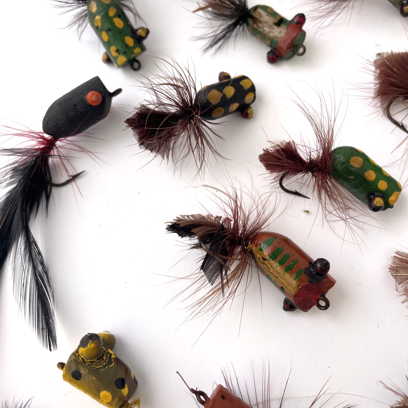 Vintage Lot Wooden Top Water Fishing Lures Flies Fly Fishing Folk Art Hand Made