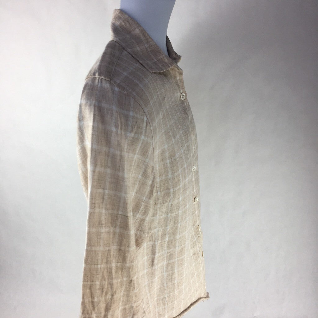 Faconnable Mens Button Front Shirt Beige Checks Round Hem Long Sleeves Linen S
