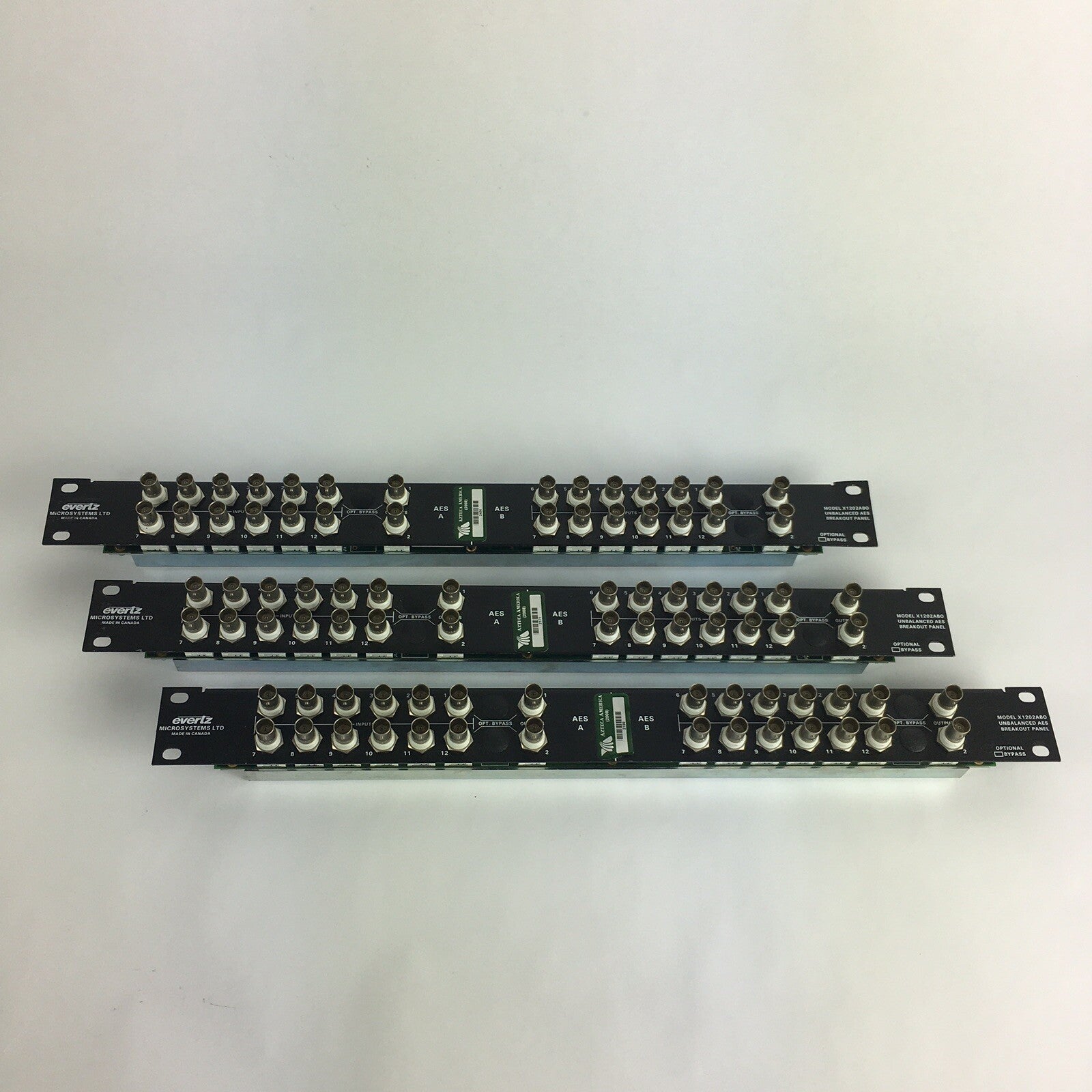 (Lot of 3) Evertz X1202ABO 12 x 2 BNC I/O Unbalanced AES Breakout Panel