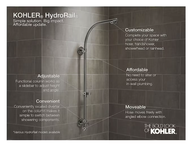 KOHLER HydroRail-R chrome shower system with adjustable hand shower