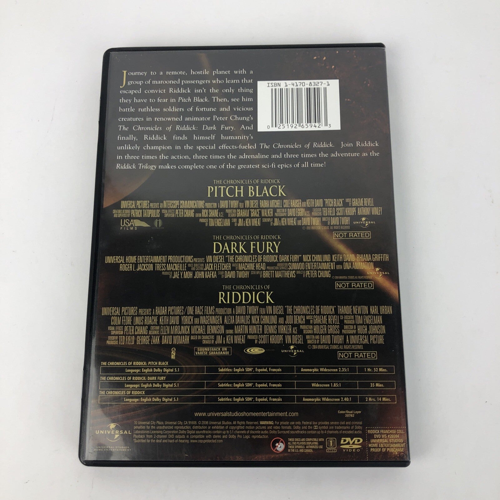 Riddick Trilogy (DVD, 2006) Pitch Black, Riddick, Dark Fury * Mint Discs