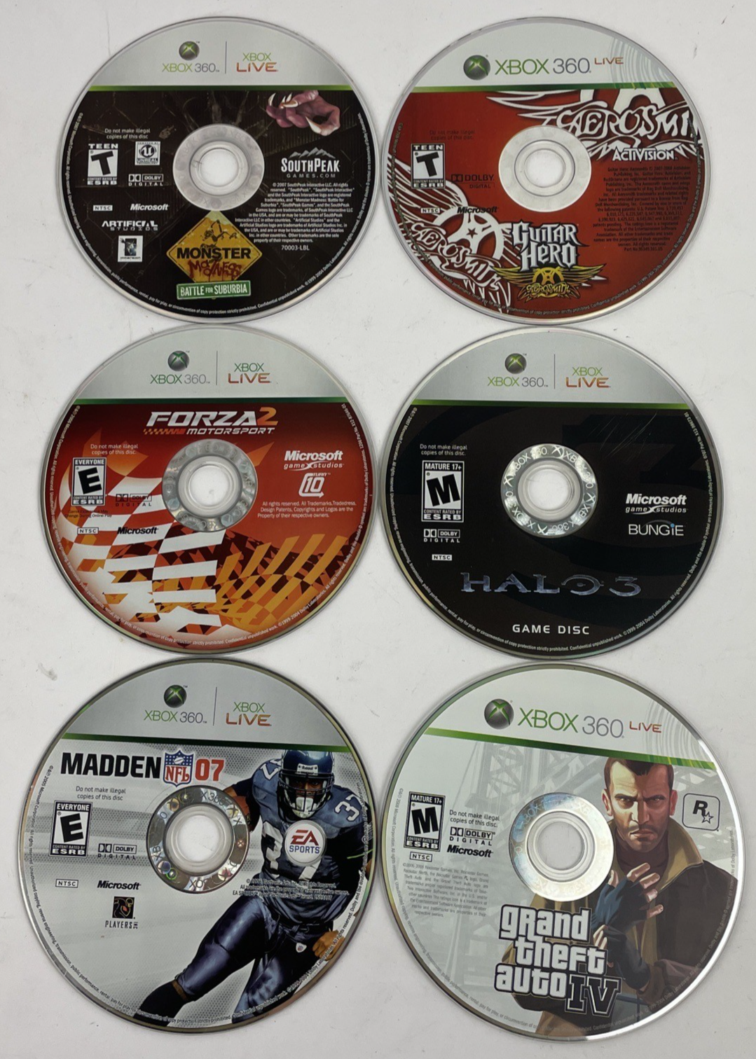 6 x XBOX 360 XBOX Live Aerosmith, HALO 3, GTA4, Madden, Forza 2, Monster Maddnes