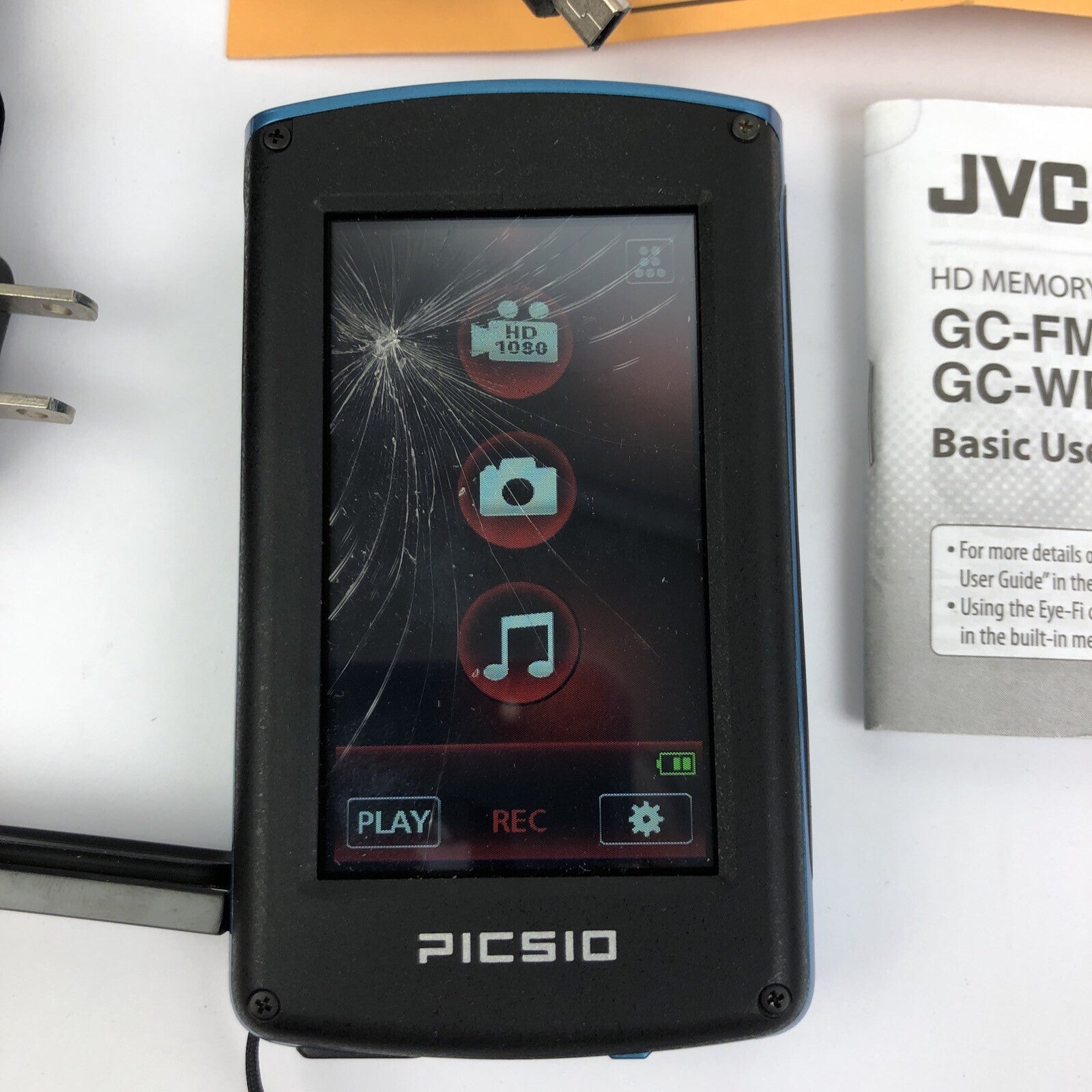 JVC Picsio HD Blue Memory Camera Model GC-WP10AU Charger and Manual - LOOK