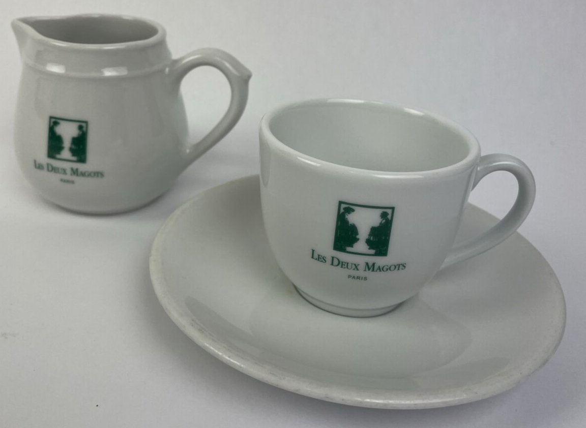 APILCO Les Deux Magots Paris France Espresso Cup and Saucer + Creme Pitcher