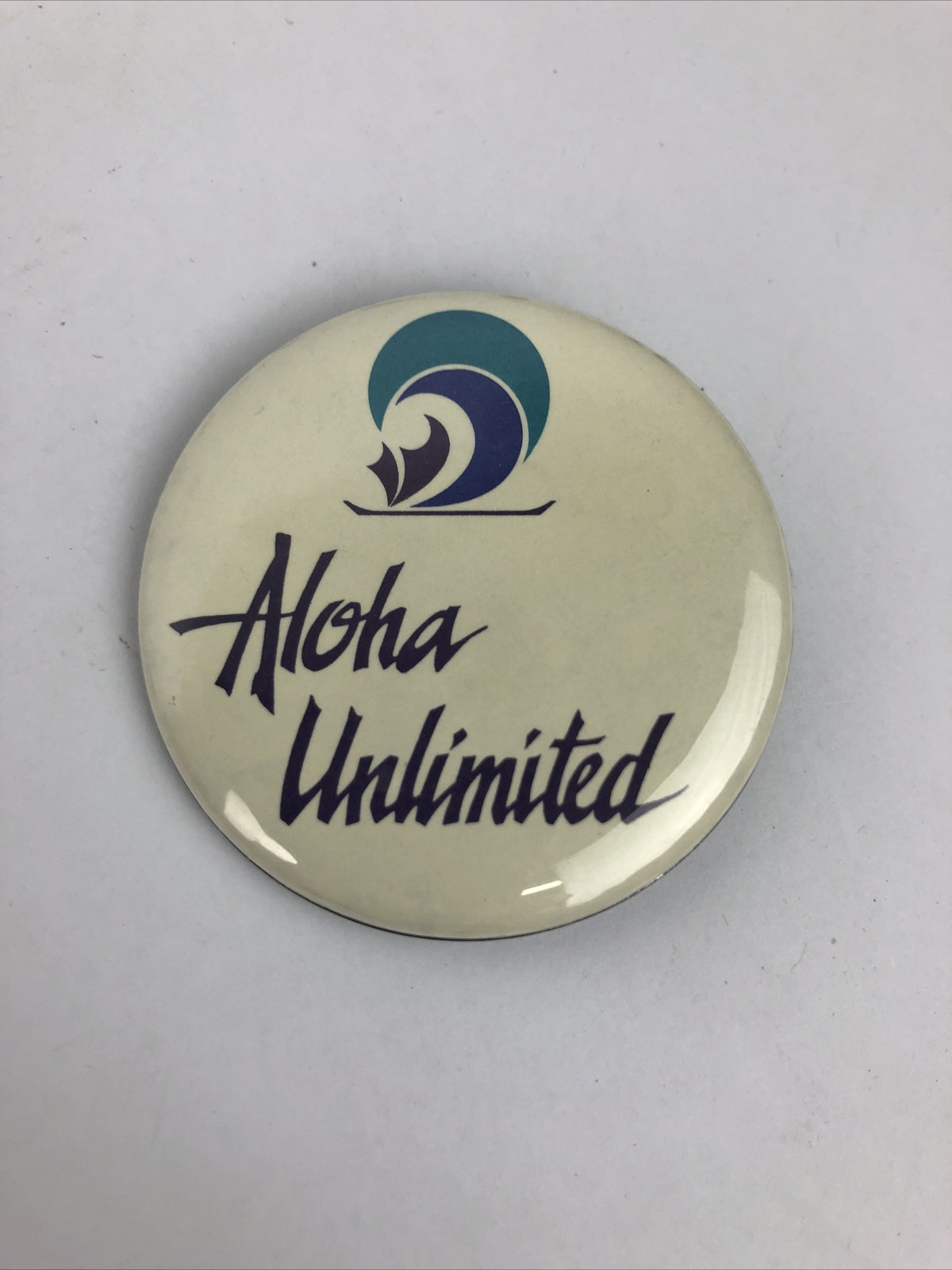 RARE 80's ALOHA UNLIMITED Pinback Button Hawaiian Wave Sunset Collectible