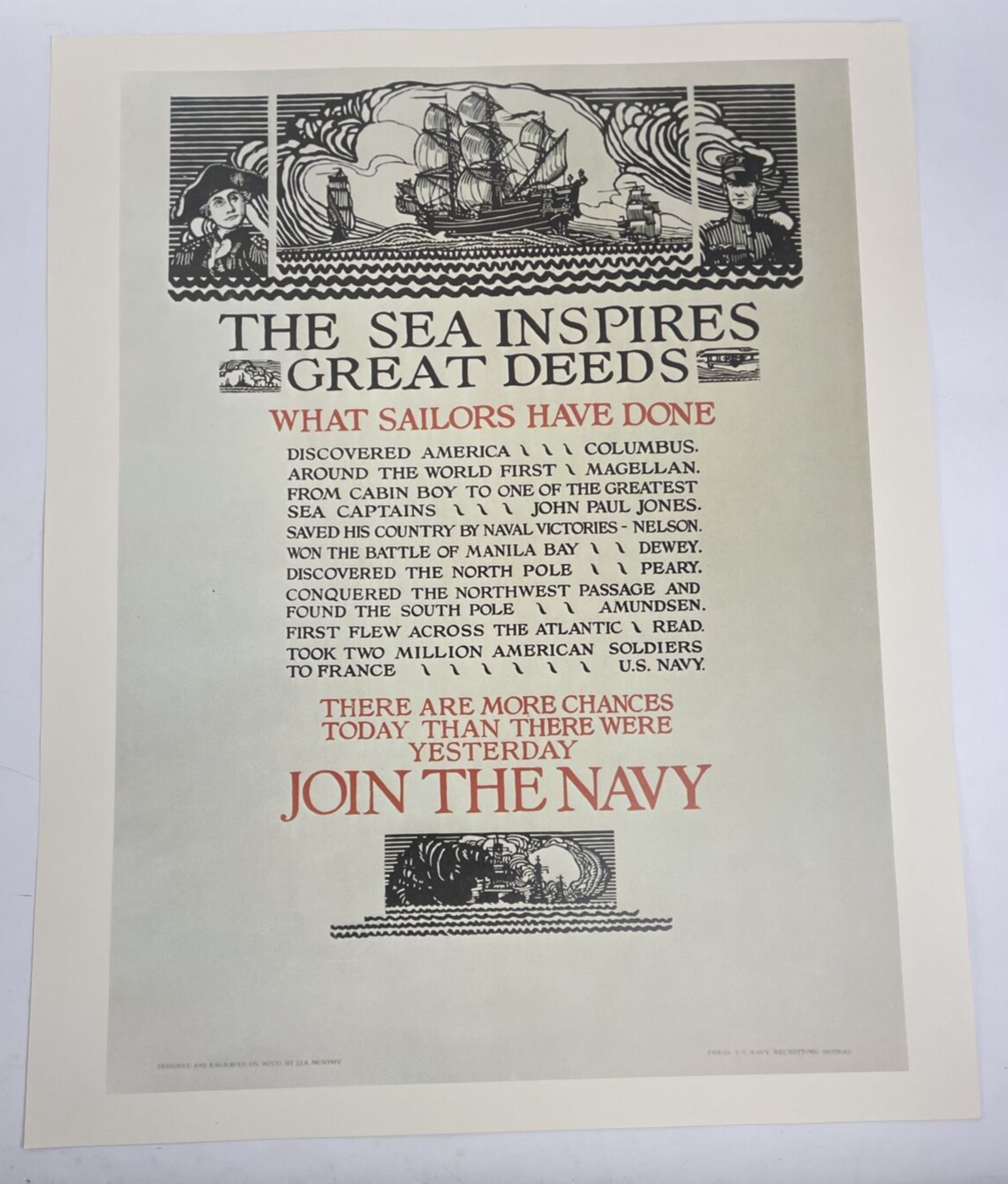 Vintage U.S. Navy Recruitment Poster 16"X20" The Sea Inspires Great Deeds - LOOK