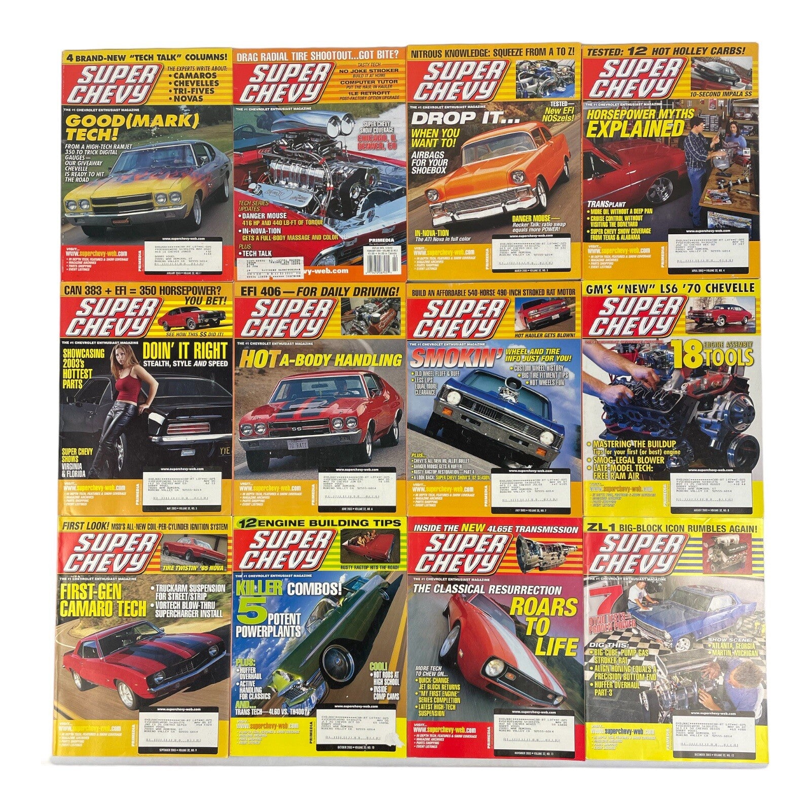 Lot of 12: SUPER CHEVY MAGAZINES Complete Full Set 12 issues Jan to Dec 2003