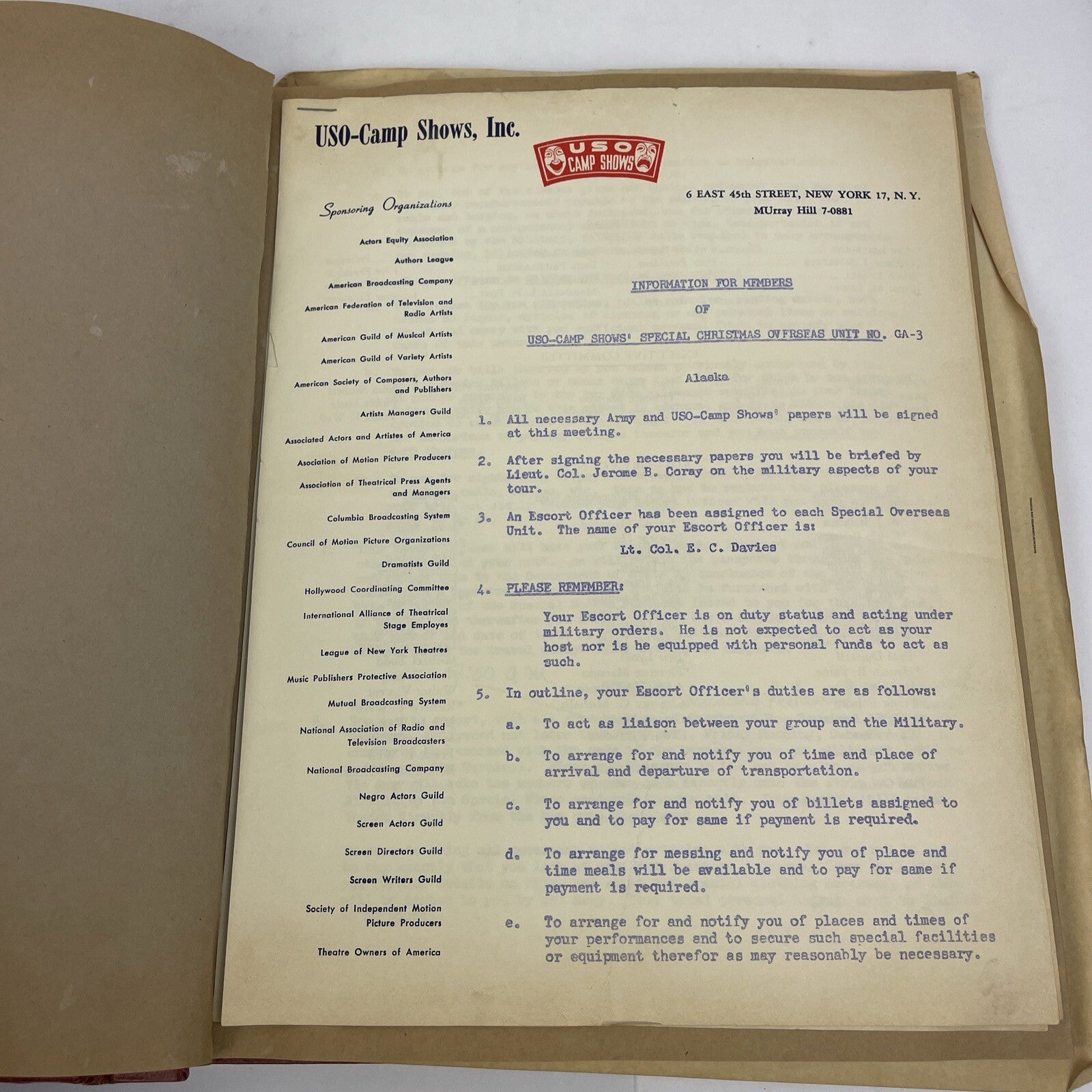 U.S.O. 1954/55 Scrapbook From " Operation Snowball " Alaska U.S.O Christmas Show