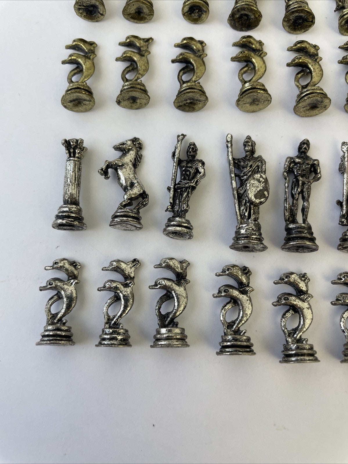 Vintage Miniature Neptune Fantasy Theme Pewter Chess Pieces Full Set Gold Silver