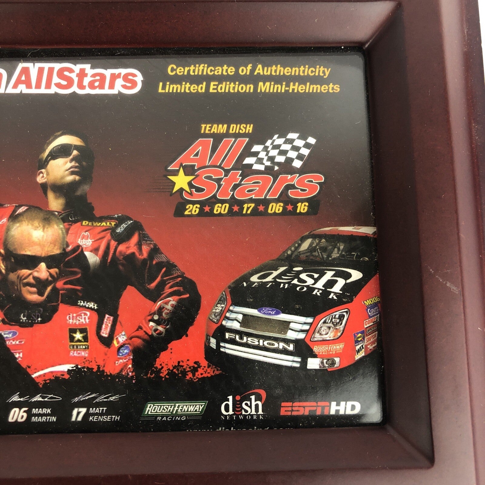ESPN Team Dish Allstars NASCAR five mini helmets with real wood presentation display box