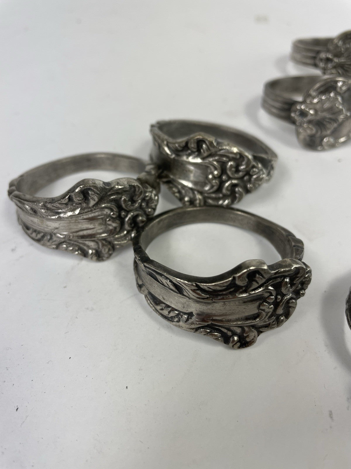 Vintage Ornate Bent Spoon Handle Napkin Rings Sterling Silver Handmade Set of 8