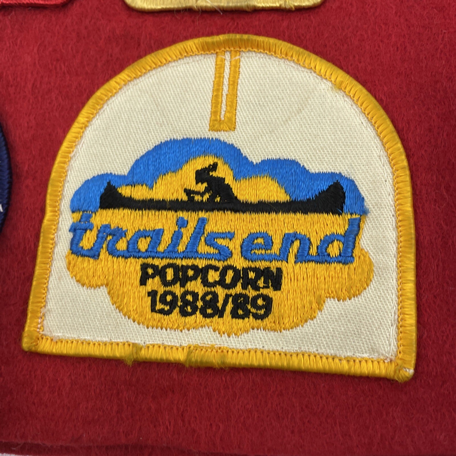 Vintage 1980's Red Felt Boy Scout Vest With 7 Patches 89 Olympics Pinewood Derby