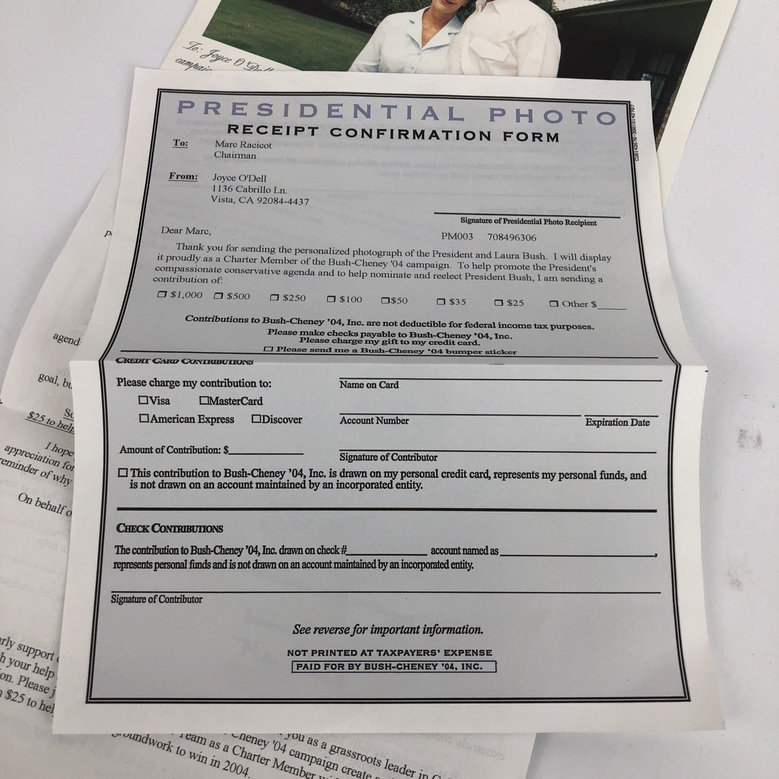LAURA GEORGE W BUSH Signed Auto Charter Member Campaign 2003/4 W Receipt +