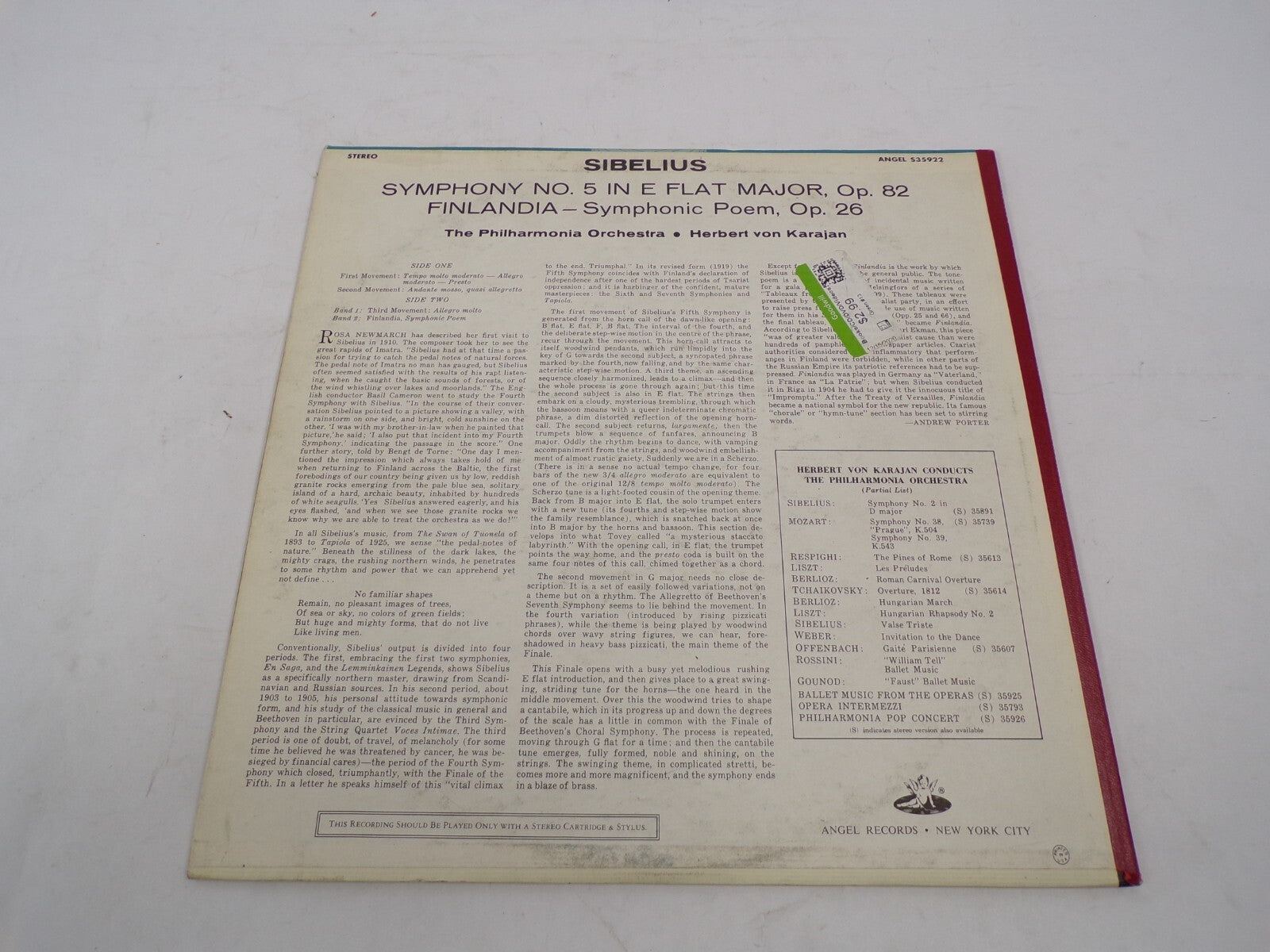 Sibelius Symphony Finlandia Herbert Von Karajan Philharmonia Vinyl Record