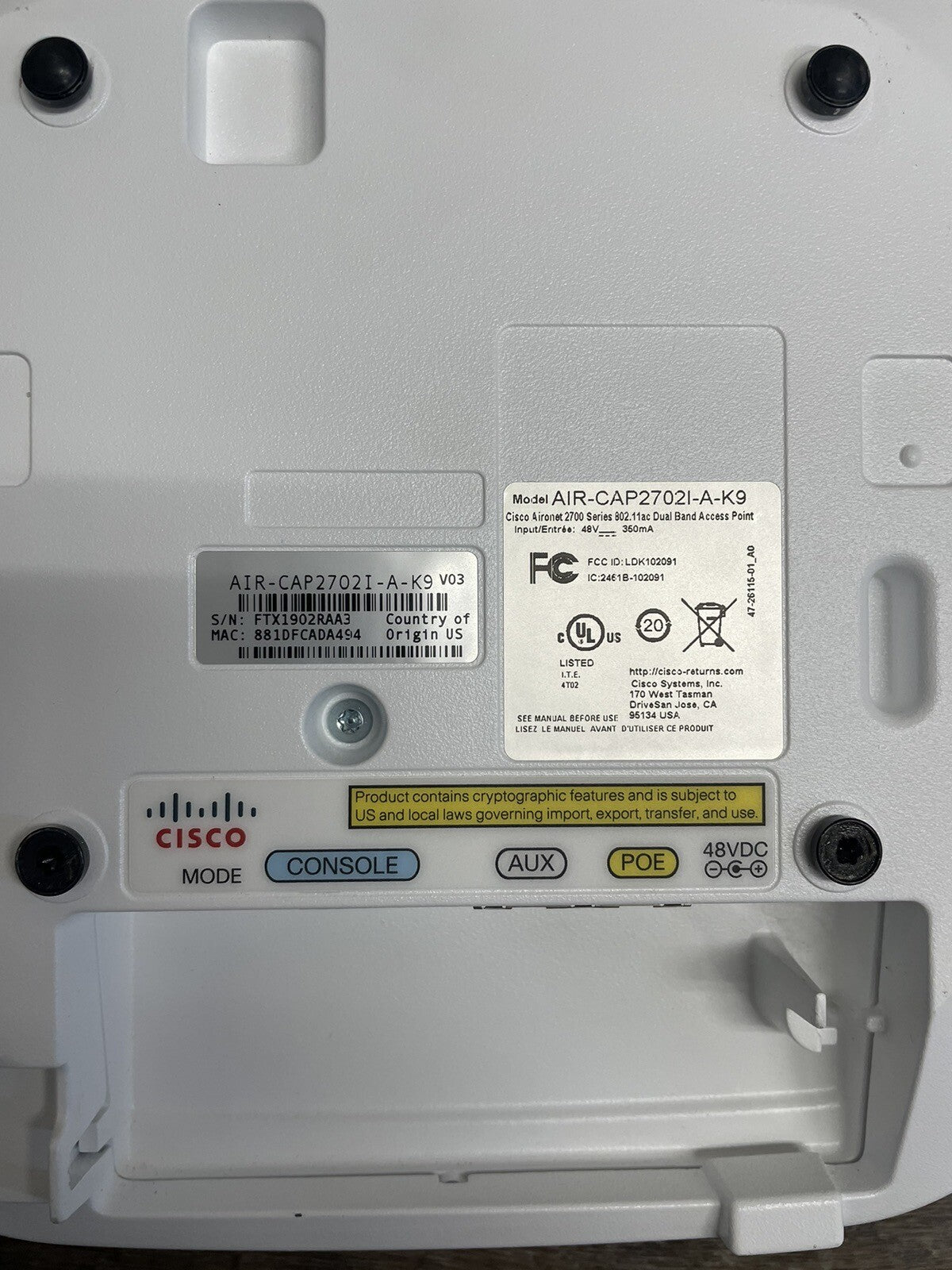 Cisco AIR-CAP2702i-A-K9 PoE Aironet 2700 Wireless Access Point Controller-Based