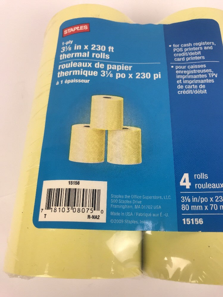 4 Staples Thermal Paper Rolls 28402, 3 1/8"(W) x 230'(L)