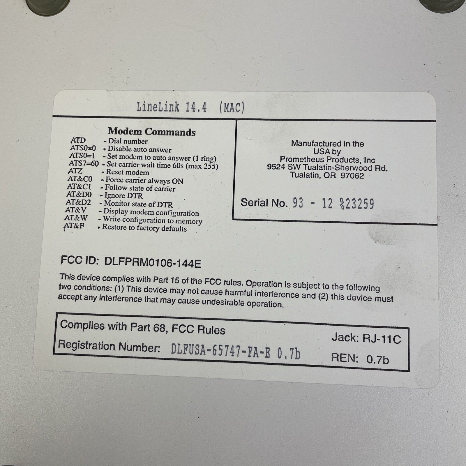 MacWarehouse LineLink 144e for Macintosh 14,400 bps Data Modem w V.42bis/MPN-5