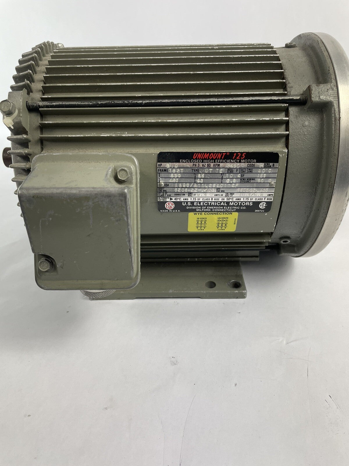 3HP US Motors A896A Unimount 125 Motor 3PH 182T 3490 RPM 208-230/460V