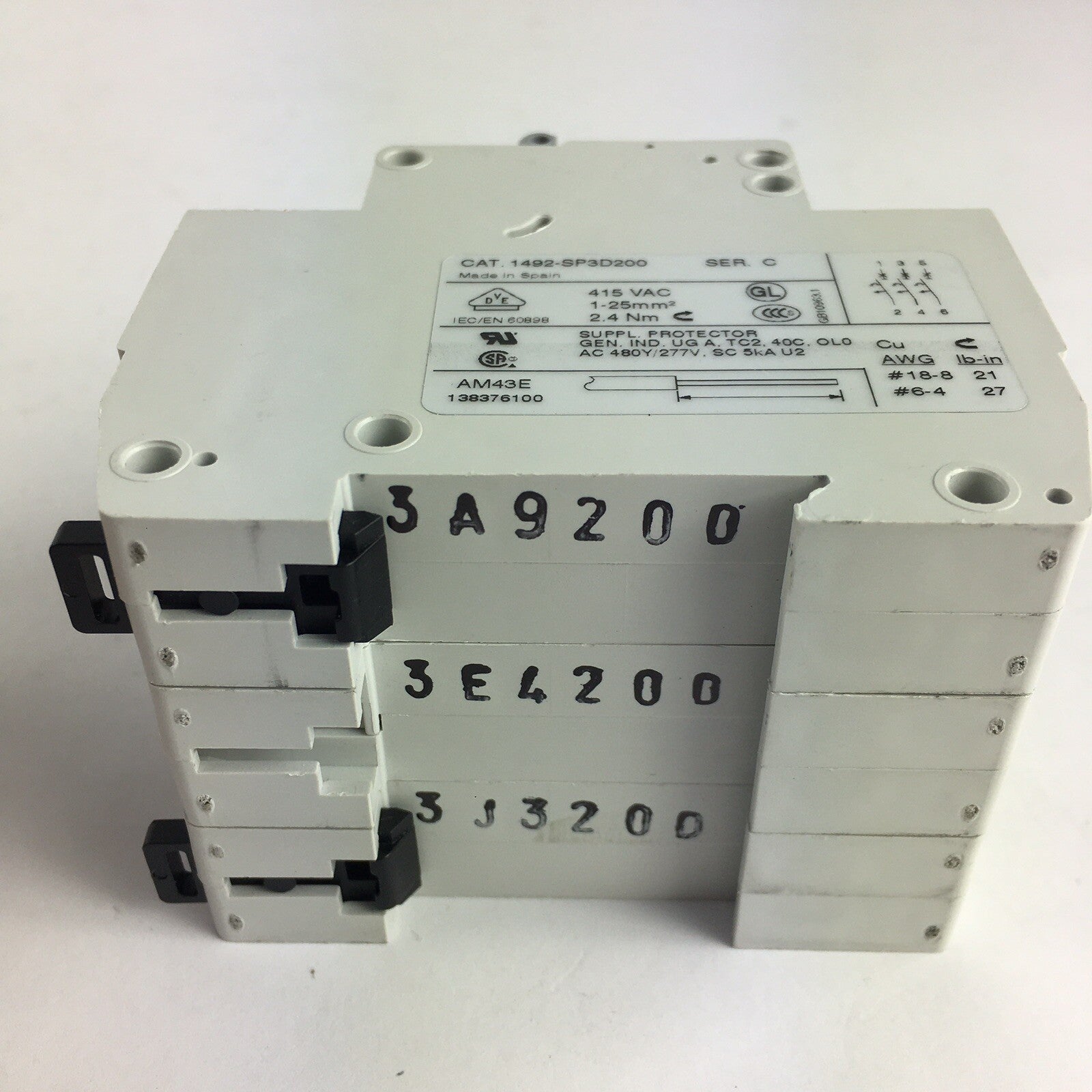 Allen Bradley 1492-SP3D200 Breaker, Miniature, 20A, 3P, 480Y/277VAC