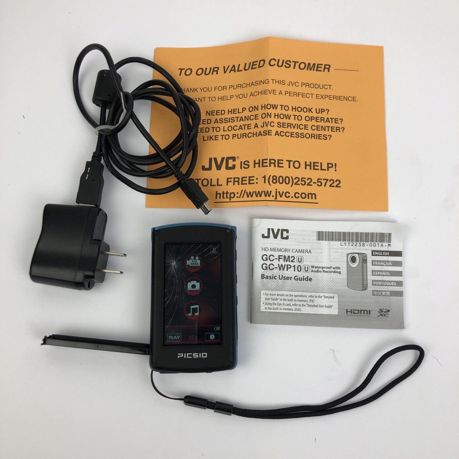 JVC Picsio HD Blue Memory Camera Model GC-WP10AU Charger and Manual - LOOK
