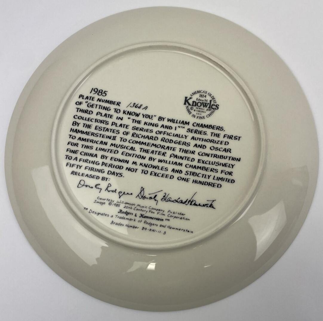Collector Dish Plate " GETTING TO KNOW YOU"- BY W. CHAMBER THE KING AND I SERIES