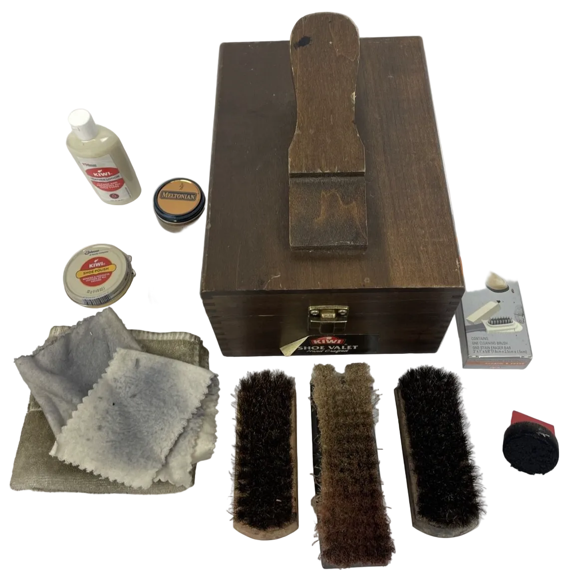 Vintage Kiwi Brand Hand Crafter Shoe Valet Wooden Box Kit w/ Supplies Bundle +++