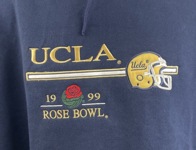Vintage 90s UCLA Rose Bowl 1999 Heavy Hooded Pullover Sweater Mens XL Navy Blue