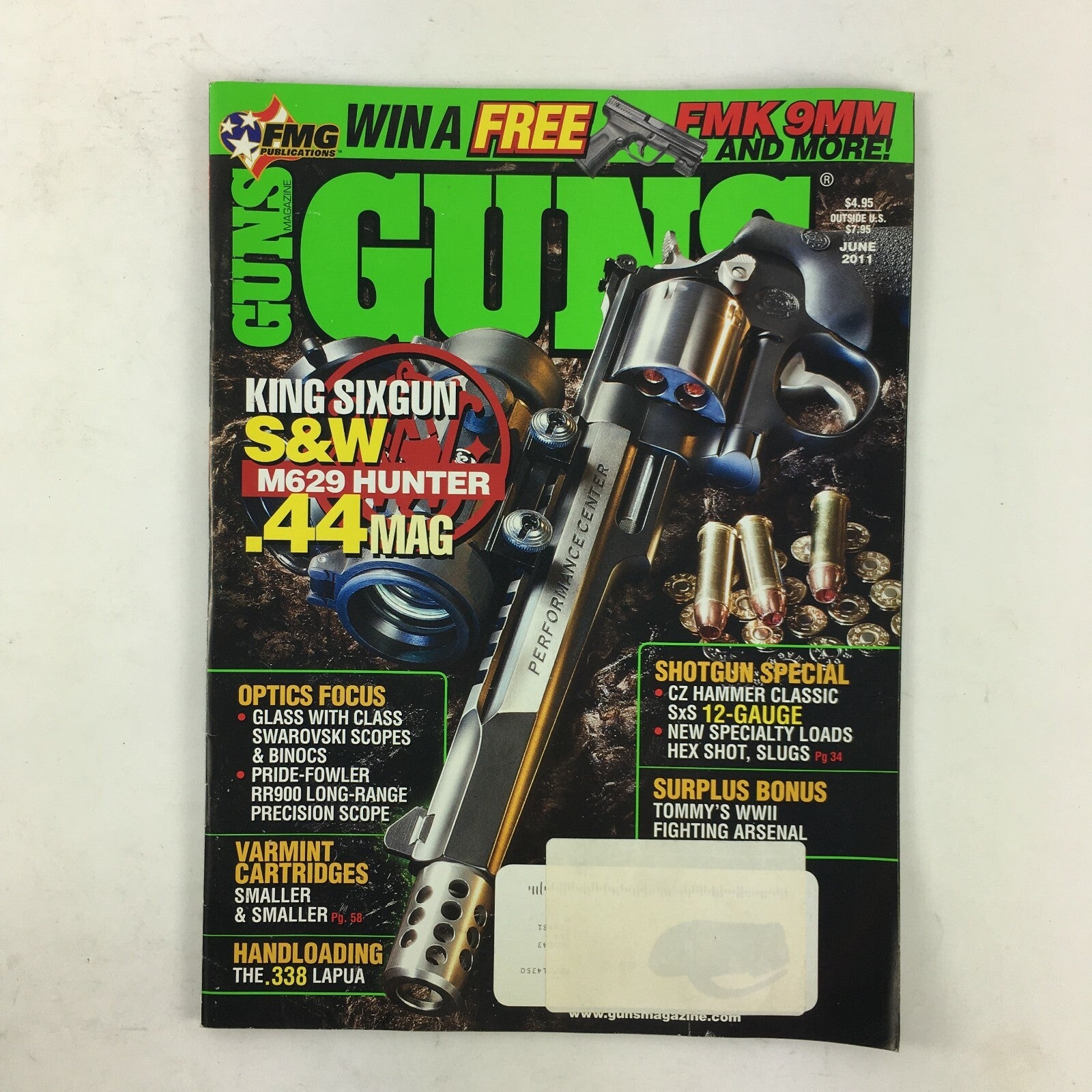 June 2011 Guns Magazine King Sixgun M629 Hunter .44 MAG The .338 Lapua SxS Guage