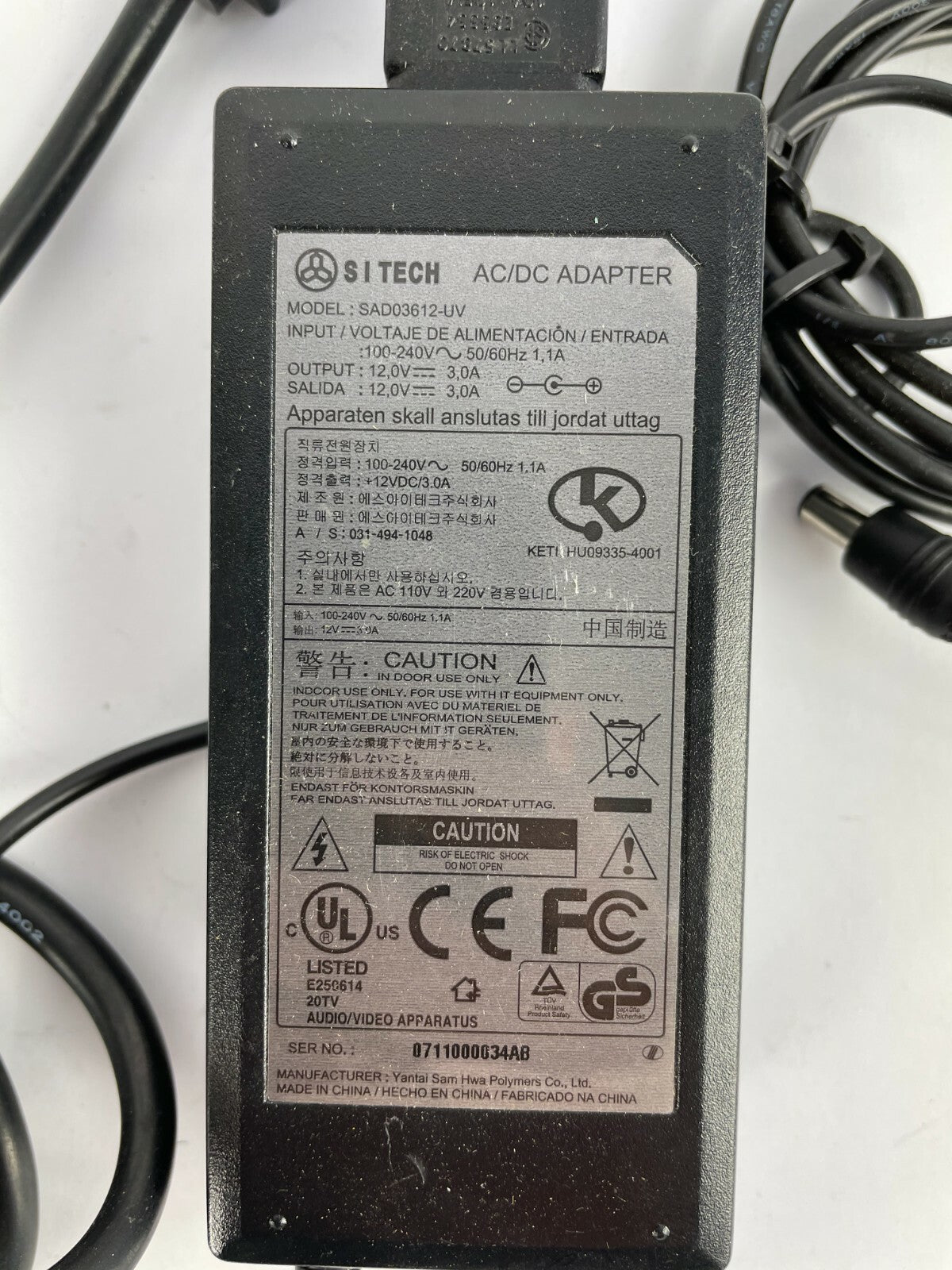 Genuine SI Tech SAD03612-UV Output 12 V 3 A Power Supply Adapter A60