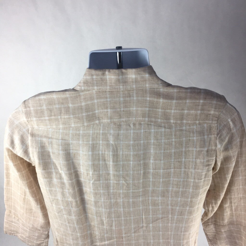 Faconnable Mens Button Front Shirt Beige Checks Round Hem Long Sleeves Linen S