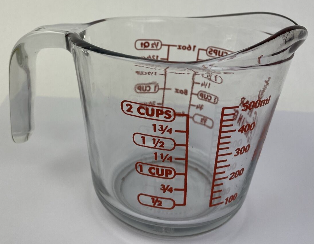 Vintage Anchor Hocking Fire-King 2 Cup Measuring Cup #498 Red Lettering Look