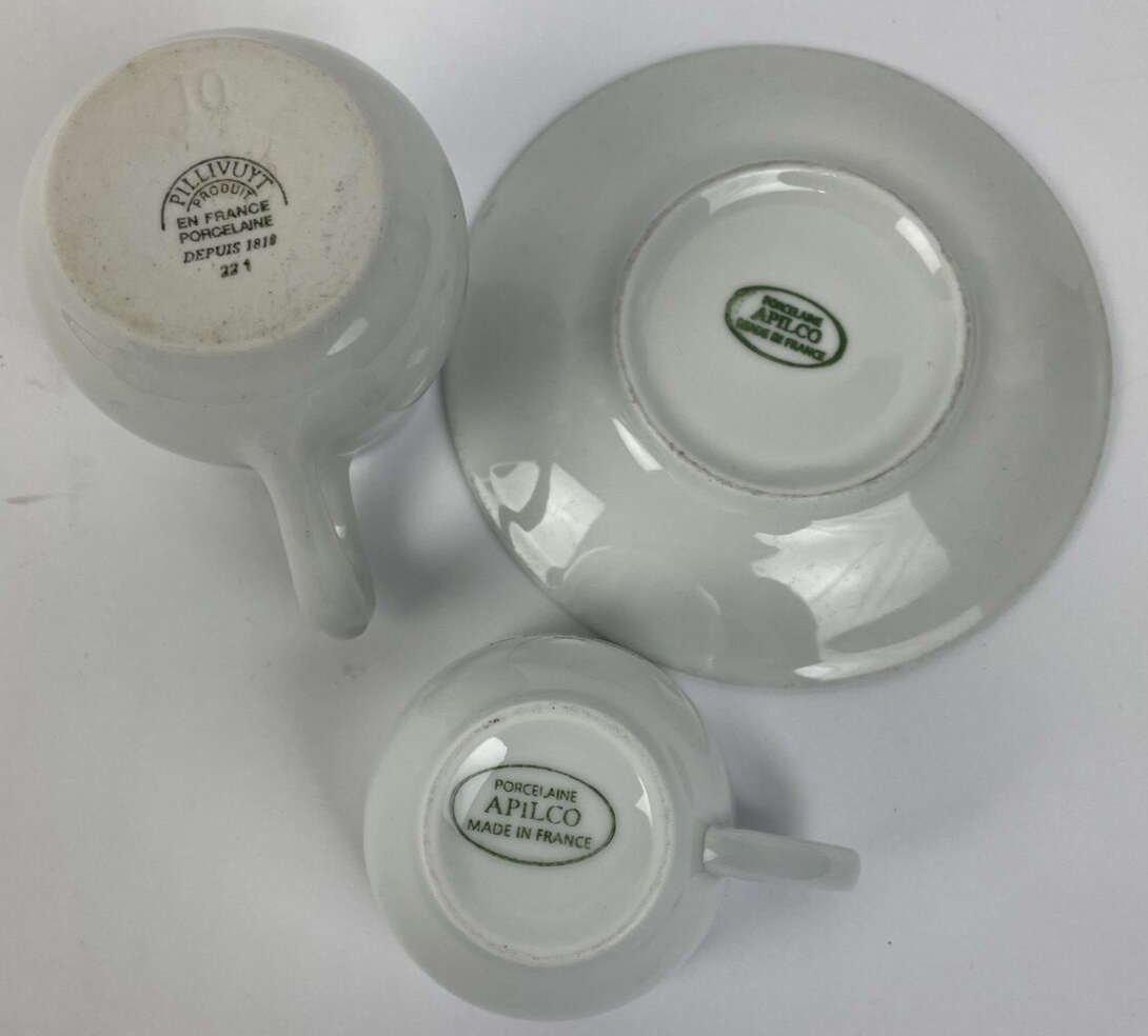 Apilco Les Deux Magots Paris France porcelain espresso cup saucer and cream pitcher set