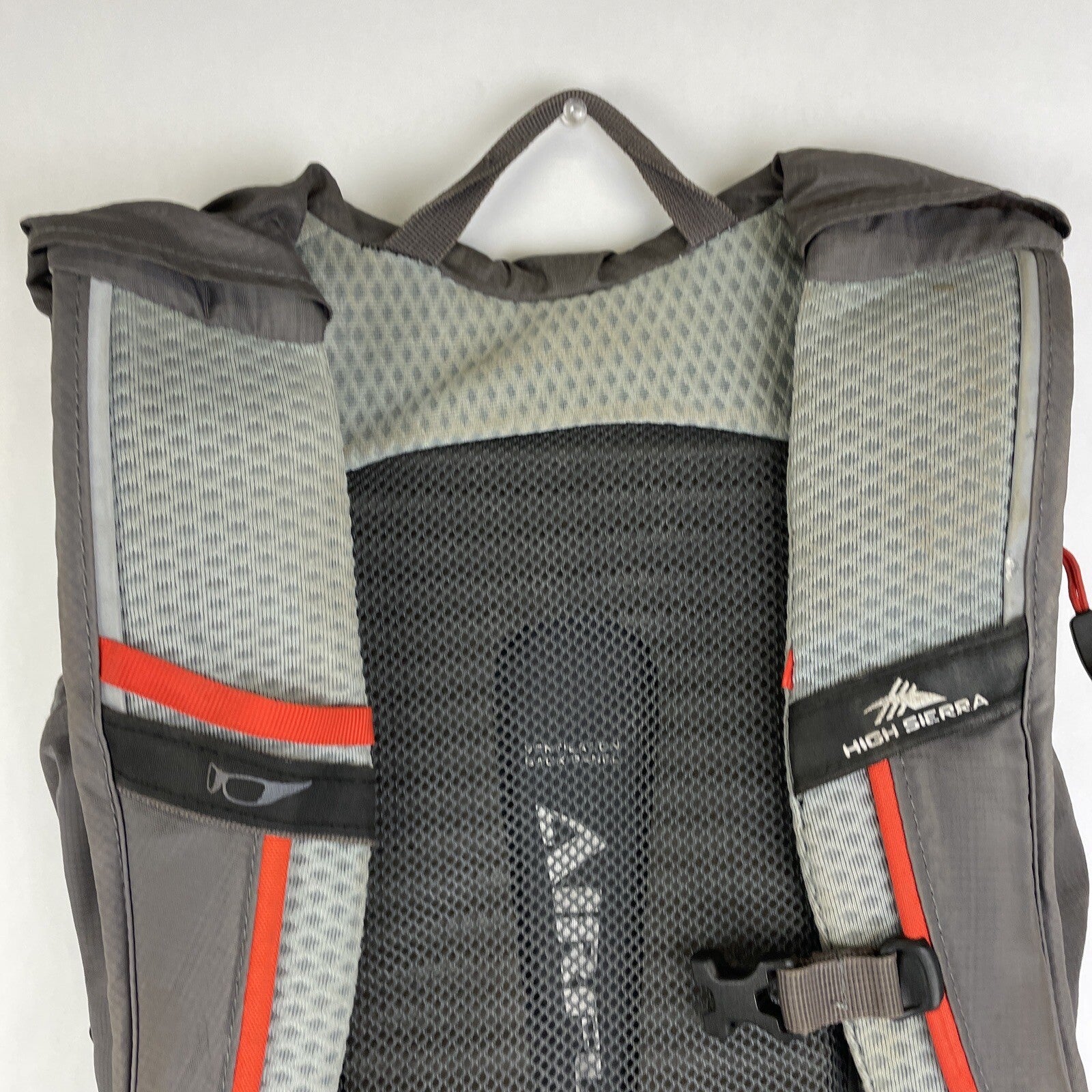 High Sierra Visalia gray hydration backpack with adjustable straps and mesh back panel.