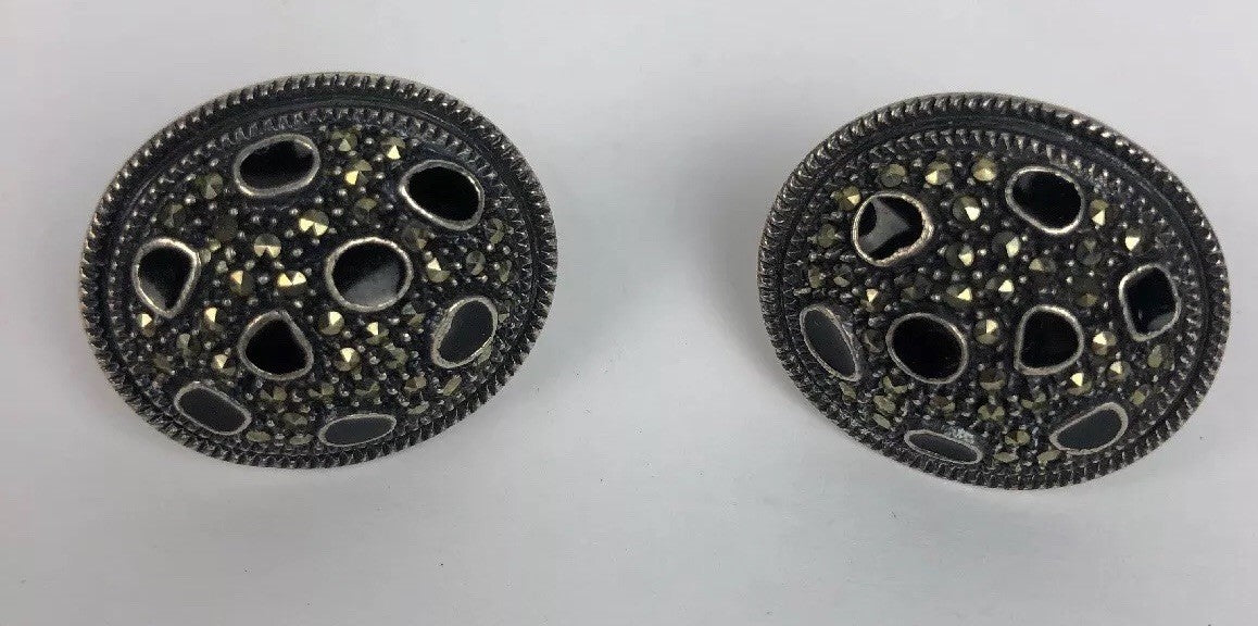 Vintage Sterling Silver J3 Ear Rings Black Onyx - Beautiful Sparkle Shine - LOOK