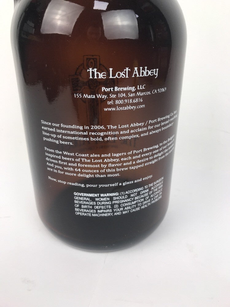 The Lost Abbey Brewing San Marcos 64 oz amber glass beer growler with cap.