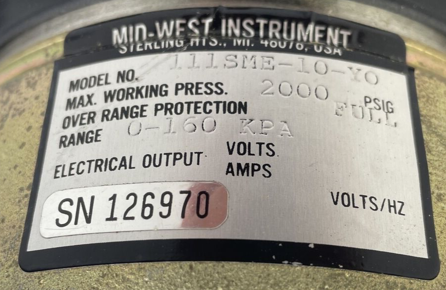 Mid-West Instrument 0-160 kPa Gauge Model # 111SME-10-YO SOLAR P/N 190214-1