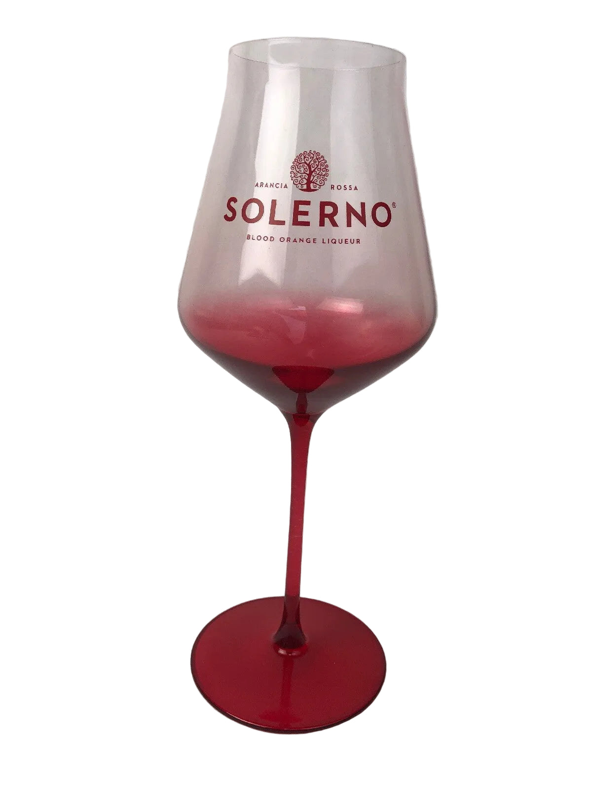 Set of two rare Solerno Blood Orange Liqueur long stem wine glasses.