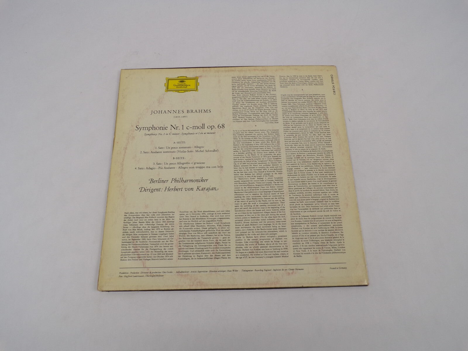 Herbert Von Karajan Brahms Symphonic No.1 Berliner Philharmoniker Vinyl Record