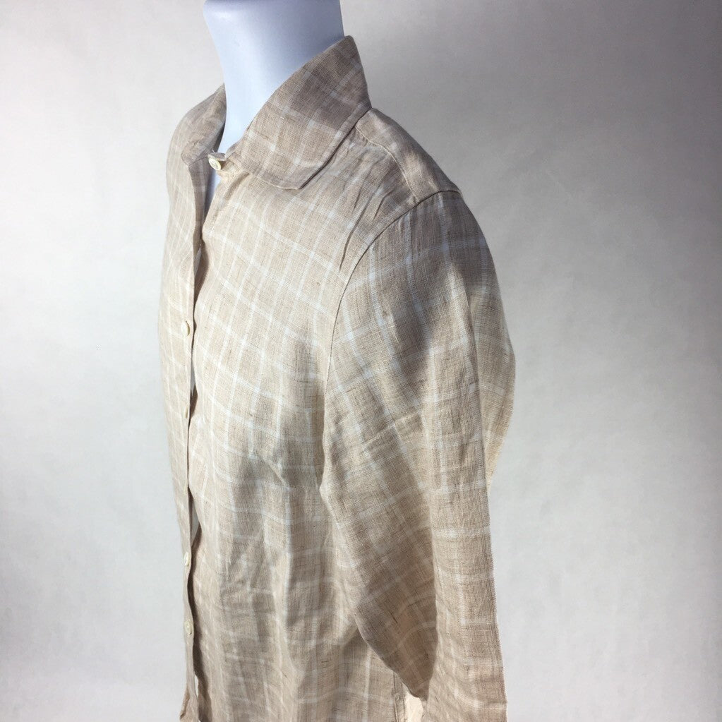Faconnable Mens Button Front Shirt Beige Checks Round Hem Long Sleeves Linen S