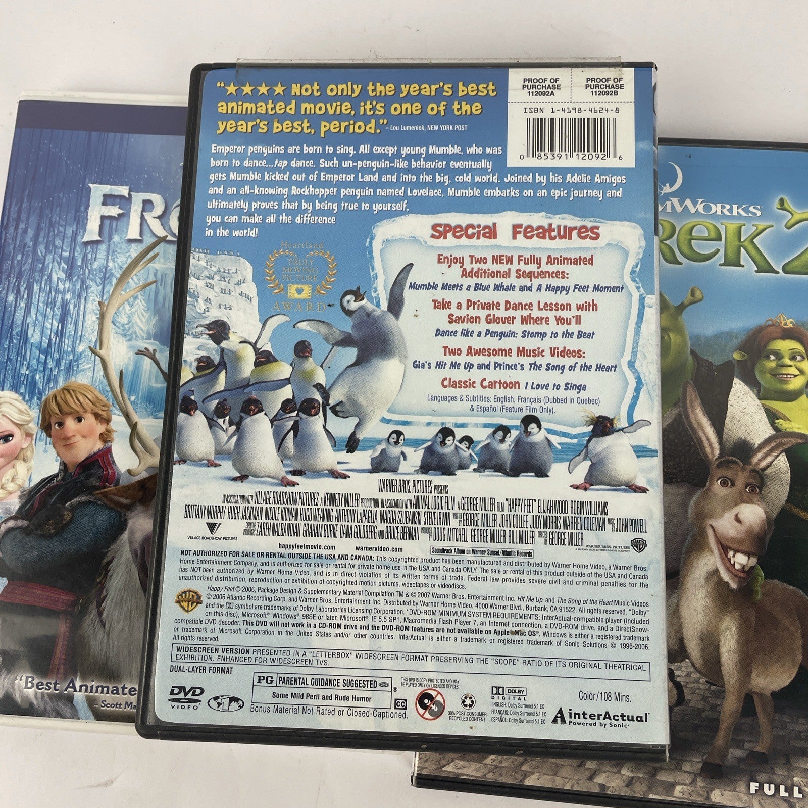 Lot of 3 x Disney DreamWorks DVD Video (s) - Shrek 2 - Happy Feet - Frozen
