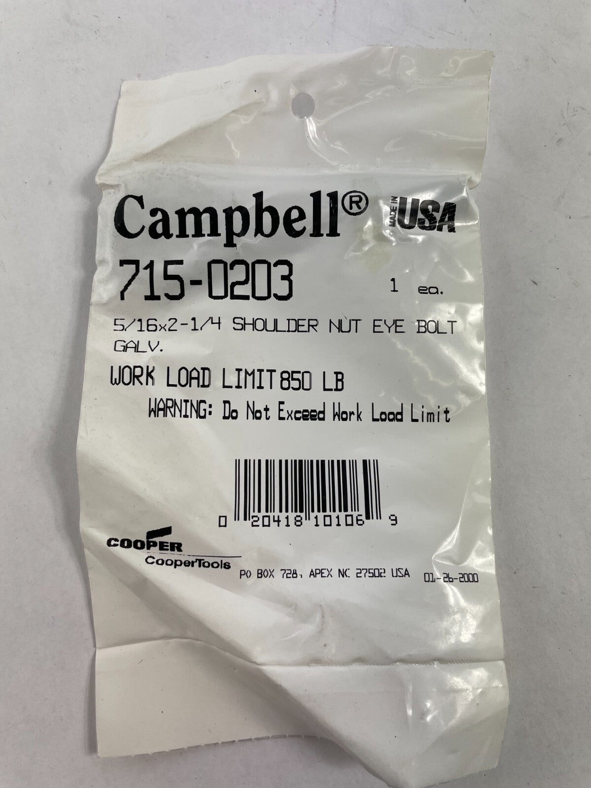 Campbell 715-0203 5/6x2-1/4 Shoulder Nut Eye Bolt Galv Work Load Limit 850 LB